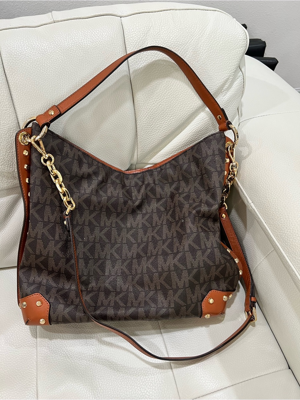 MICHAEL Michael Kors Brown Logo Hobo with Tan Trim and Gold Hardware - EUC